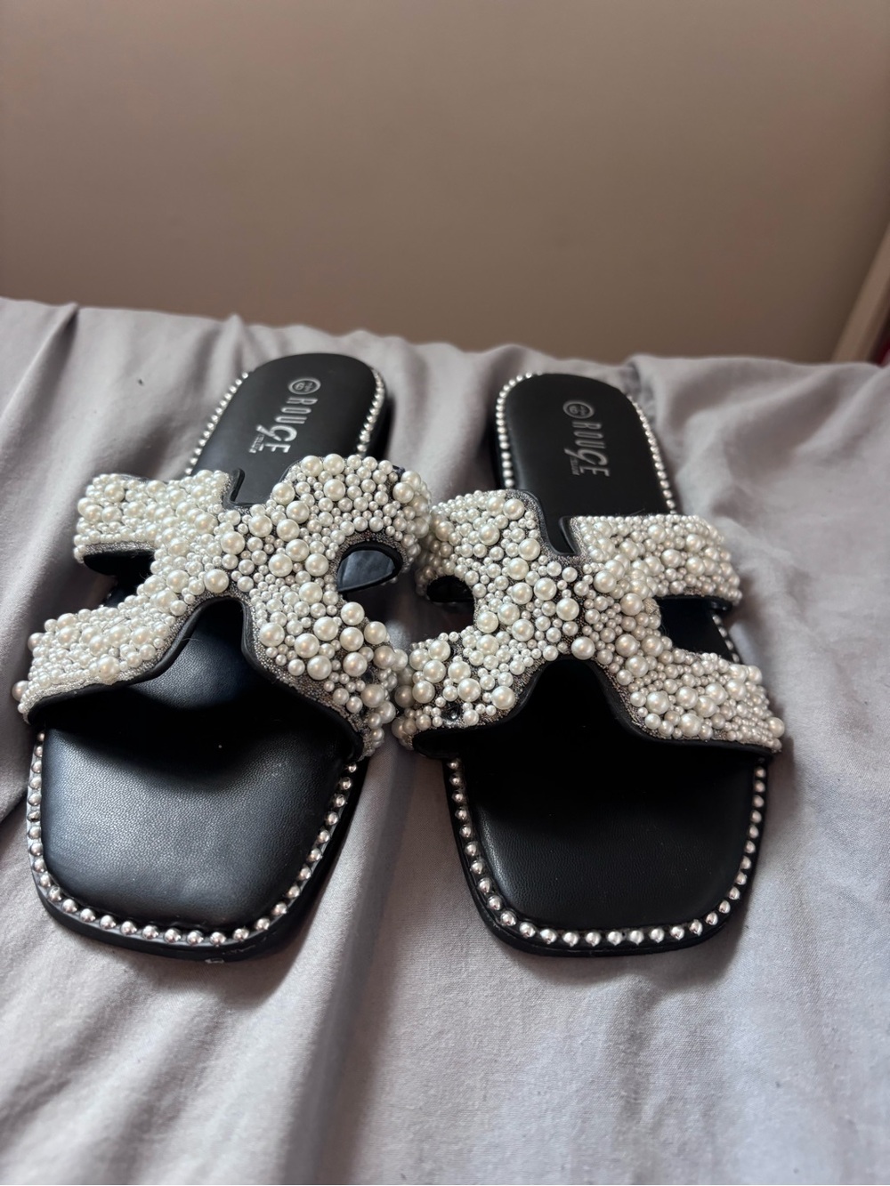 Rouge! Black Slide Sandals with Pearl Embellishment